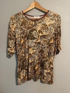 Vintage Top Womens Large Animal Print Lion Tiger Cheetah AOP Slinky 90s Y2K